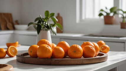 Oranges on a wooden tray in a bright kitchen