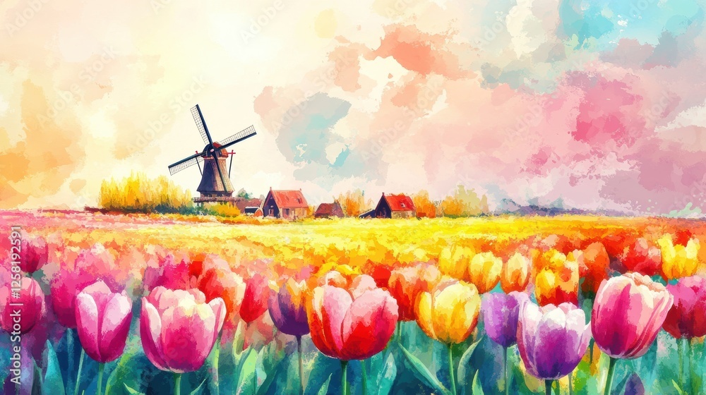 Poster colorful watercolor illustration of tulip fields with a windmill under a vibrant spring sky. generat