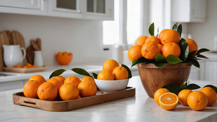 Oranges on a wooden tray in a bright kitchen