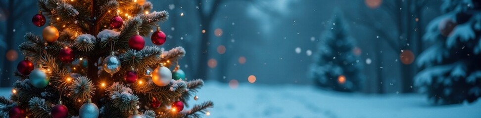 Christmas tree decorated with colorful ornaments and lights against a snowy background, Christmas decor, holiday scene, snowflakes