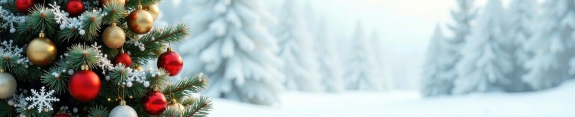 Fototapeta premium Christmas tree decorated with snowflakes, garlands, and colorful ornaments against a white winter backdrop , ornaments, festive, winter