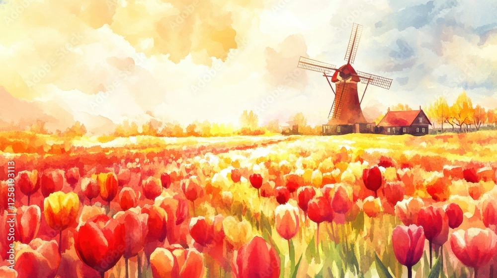 Poster Colorful tulip fields and windmill create a vibrant spring landscape with clean space for text. Generative AI