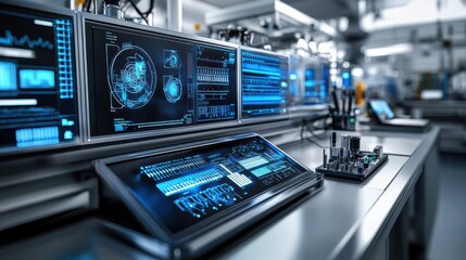 A futuristic workstation equipped with touchscreens, IoT devices, and ergonomic tools, isolated on white background