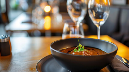 Bowl of Dybfrost with caramel sauce, served in a stylish Danish restaurant with elegant tableware