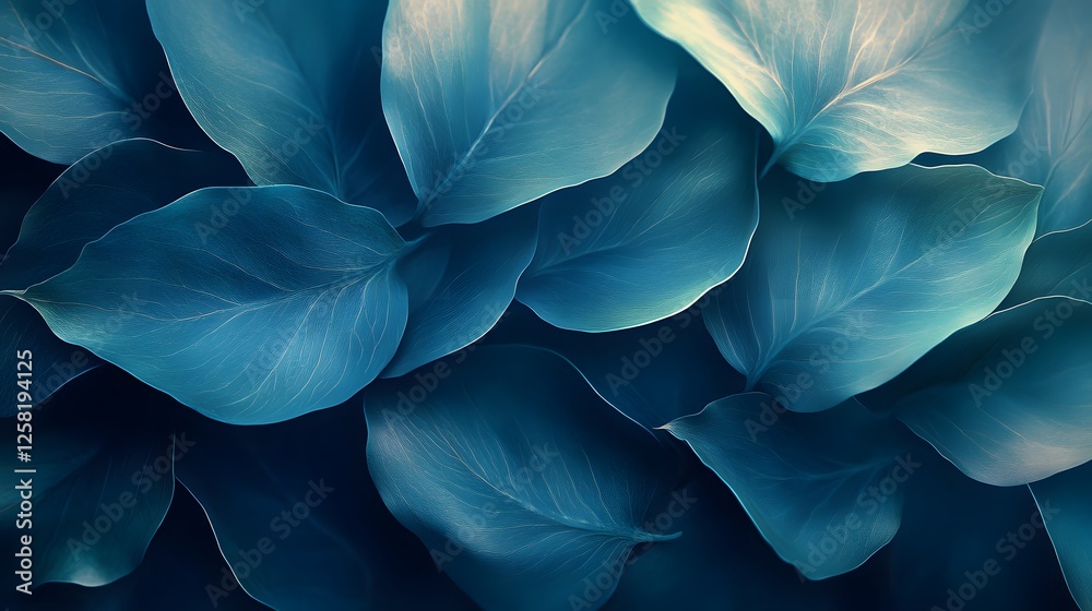 Poster Close-up image of teal colored leaves, creating a serene and peaceful atmosphere. Macro Texture Backgrounds Dark Elegance Flexible Blue and Gold Leaves