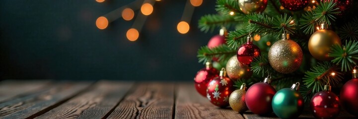 Christmas tree with colorful ornaments and lights on a wooden table, winter decorations, seasonal decor, winter wonderland