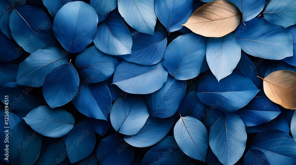 Poster close-up of blue leaves with golden accents. a calming image perfect for backgrounds. macro texture 