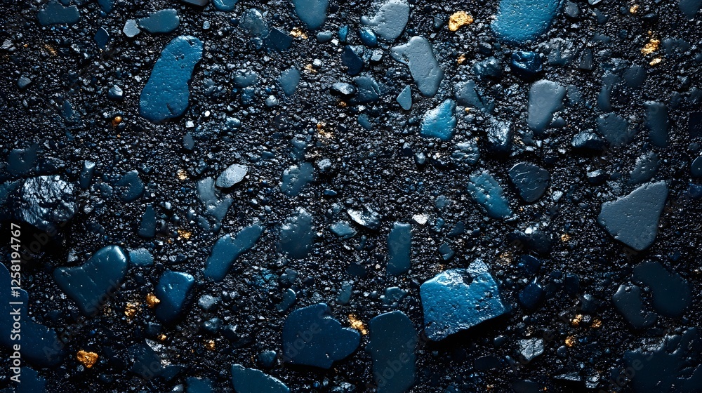 Poster close-up view of a deep blue terrazzo texture. the image showcases speckled dark blue stones and gol
