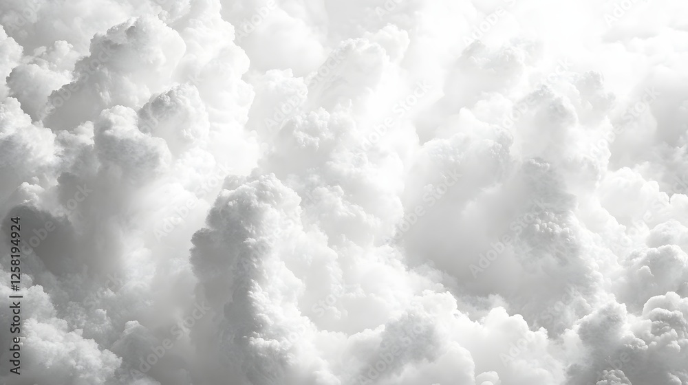 Poster A breathtaking view of a monochrome cloudscape. Soft, white clouds fill the frame, creating a serene and peaceful atmosphere. Macro Texture Backgrounds. Fluffy cloud detailed texture.