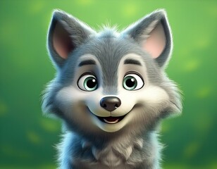 Fototapeta premium Niedlicher kleiner Wolf, grüner Hintergrund