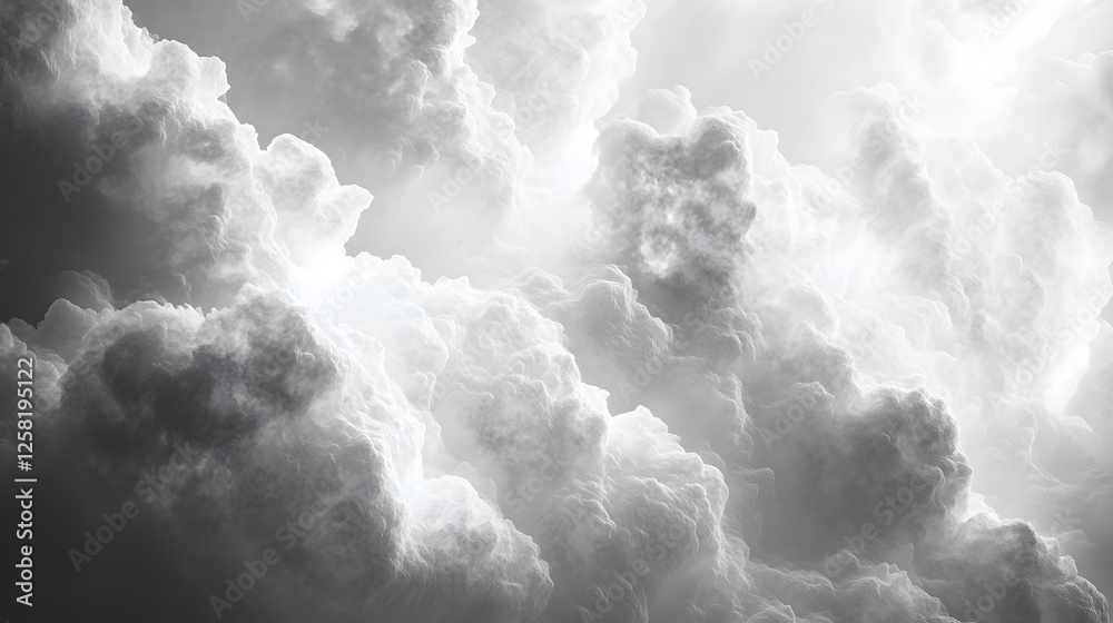 Poster A stunning grayscale image capturing the dramatic beauty of a cloudscape. The interplay of light and shadow creates a serene atmosphere. Macro Texture Backgrounds. Fluffy cloud detailed texture.