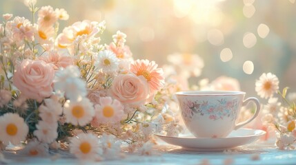Fototapeta premium A beautifully arranged tea cup alongside delicate pastel flowers, creating a serene atmosphere filled with soft colors and inviting warmth.