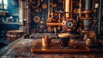 A beautifully crafted coffee served in a vintage setting, accompanied by a stylish pot, showcasing the artistry of brewing in an industrial atmosphere.