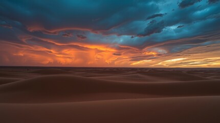 Dramatic Desert Sunset Landscape with Fiery Sky and Sand Dunes