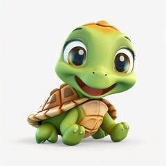 Obraz premium Cute 3d baby turtle with oversized eyes, sitting cheerfully and radiating warmth against pristine white background