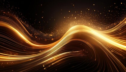 Obraz premium dynamic gold light streaks forming a wave pattern against a dark background, sparkling particles resembling stars