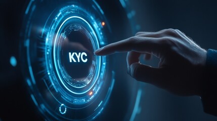 A hand interacts with a futuristic digital interface displaying "KYC," indicating a focus on identity verification technology.