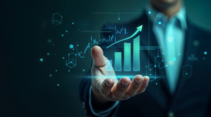 Naklejka premium Elevated Finance: A hand presenting financial growth with rising bar charts and digital interfaces, suggesting success, investment, and future prosperity in a digital age.