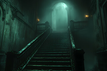 A grand staircase spiraling upward, bathed in soft light, revealing intricate carvings and statues. Shadows hint at hidden passageways below.