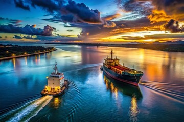 Fototapeta premium Low Light Tugboat & Cargo Ship, Port Curtis, Gladstone, Queensland, Australia - Dramatic Wash Lines
