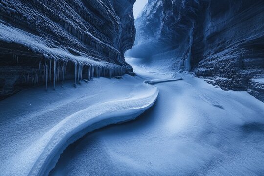 A snow-covered canyon with icicles hanging from its walls, creating a winter wonderland. - Powered by Adobe