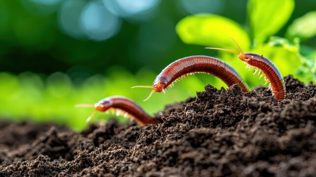 Improve and preparation of  soil. Three segmented worms emerging from rich soil in a lush green environment.