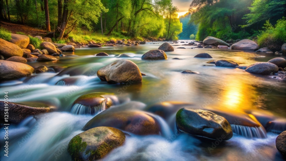 Poster serene tranquility the river flows calmly past smooth rounded stones bathed in golden light from the