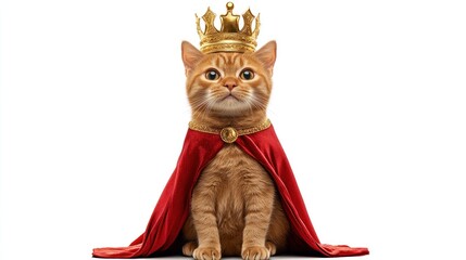 Ginger Kitten Royal Regalia Golden Crown Red Cape White Background