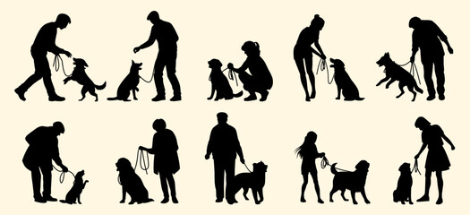 A collection of black silhouettes depicting people training and walking their dogs in various poses.