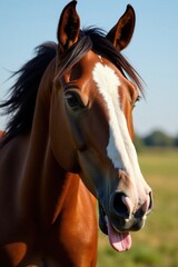 Fototapeta premium Close-up of a galloping horse's face with its ears laid back and tongue out , muscle, horse, fast