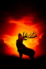 Naklejka premium A deer standing in a field with a sunset in the background