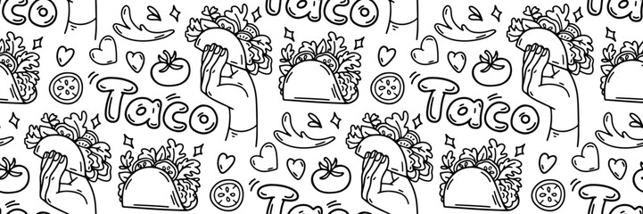 Mexico Taco doodle pattern. Delicious traditional Mexican food. Tortilla with meat and vegetables in hand. Lettering, Mexico background. Vector outline illustration. For packaging, menu and brand