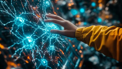 Human Hand Navigating Complex Glowing Neural Network, Futuristic Technology and Innovation Concept.
