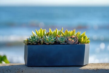 Succulent planter sits on a wall overlooking a calm ocean.