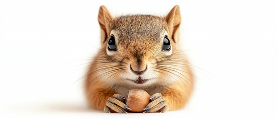 Fototapeta premium Curious Squirrel with Nut: A close-up portrait of a fluffy, adorable squirrel, with big, curious eyes, holding a nut in its paws, captured in a moment of playful anticipation.
