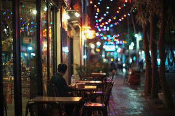 Naklejka premium Blurred night street scene with colorful bokeh lights.
