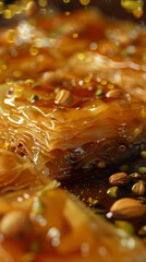 Close-up of Azerbaijani Baklava, highlighting delicate layers of pastry, chopped nuts, and honey, with a golden, flaky texture.