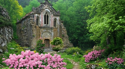 Naklejka premium Ruined Chapel amidst Lush Greenery and Blooming Pink Flowers a Picturesque Garden in Springtime