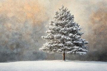Fototapeta premium A solitary snow-covered pine tree stands gracefully against a textured winter backdrop.