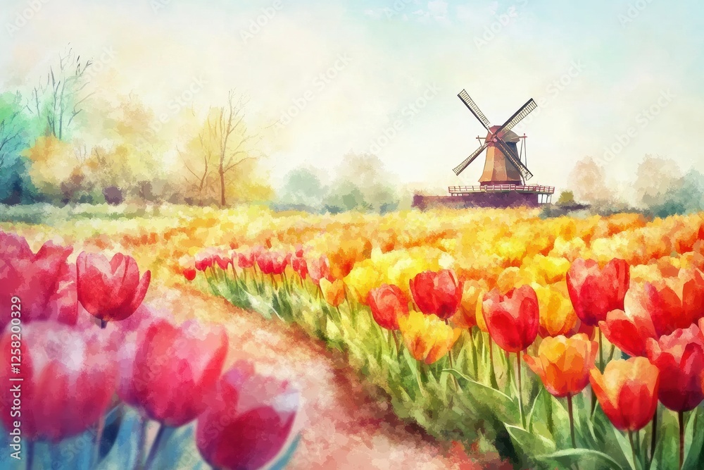 Poster colorful tulip fields with a windmill in spring showcasing vibrant hues and serene landscapes for fl