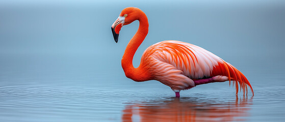 Fototapeta premium Flamingo in Calm Waters: A vibrant American flamingo stands gracefully in shallow, calm water, its bright pink and orange plumage reflecting in the tranquil surface.