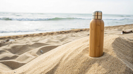 Elegant Bamboo Water Bottle on Sandy Beach with Ocean Waves in the Background