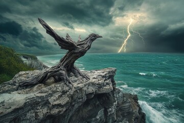A weathered wooden bird sculpture perched on a cliff overlooking a stormy sea, a lightning bolt striking in the distance.