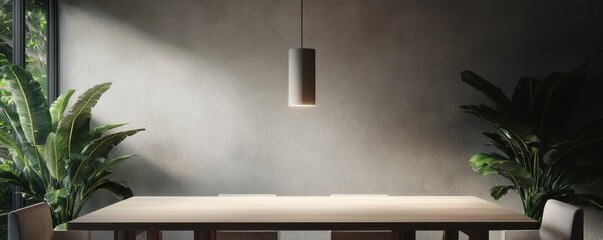 A minimalist dining area featuring a wooden table, pendant light, and lush green plants against a textured wall.