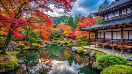 Obraz premium Autumnal Serenity A Traditional Japanese Pavilion Reflects in a Serene Pond Surrounded by Vibrant Maple Trees