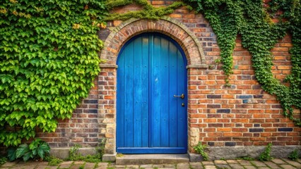 A vibrant blue wooden door set within a brick archway, adorned with lush green ivy vines