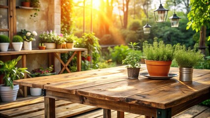 A rustic wooden table sits in the warm glow of a summer sunset, surrounded by potted greenery, beckoning you to enjoy a relaxing afternoon.