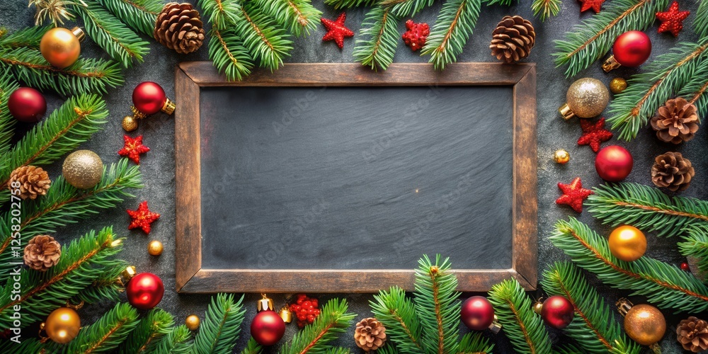 Aufkleber a rustic blackboard surrounded by festive evergreen branches, adorned with red and gold ornaments an