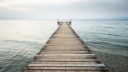 Fototapeta premium Serene Wooden Pier Extending into Calm Waters Under Soft Cloudy Sky