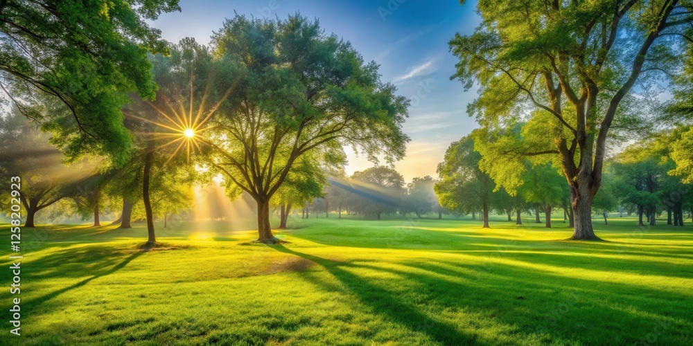 Poster a vibrant sunrise illuminates a lush green field, casting long shadows from towering trees, creating